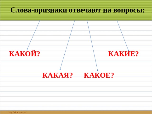 Слова-признаки отвечают на вопросы:   КАКОЙ? КАКИЕ?   КАКАЯ? КАКОЕ?   