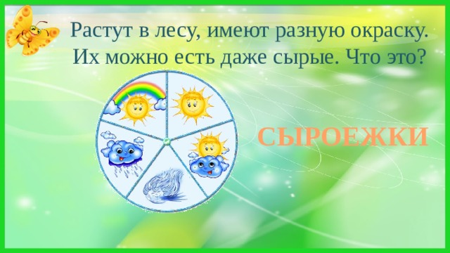 Растут в лесу, имеют разную окраску. Их можно есть даже сырые. Что это? Много белых ножек В шляпках разноцветных, Издали приметных. Кто в серой, кто в зеленой, Кто в розовой, кто в желтой Ты их бери, не мешкай, Ведь это – … СЫРОЕЖКИ 