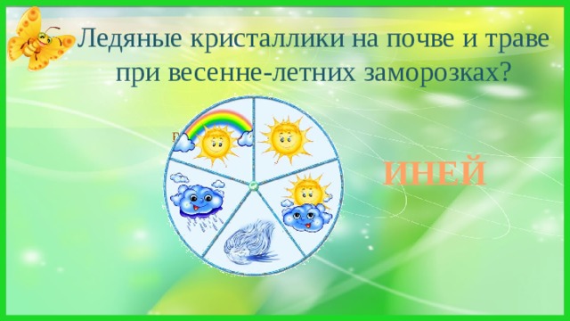 Ледяные кристаллики на почве и траве при весенне-летних заморозках? В белом бархате деревня -  И заборы и деревья.  А как ветер нападет,  Этот бархат опадет.  ИНЕЙ 