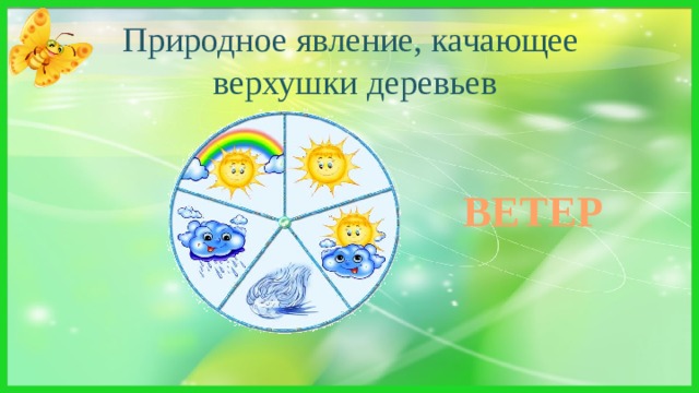 Природное явление, качающее  верхушки деревьев Крыльев нет, но я летаю.   Я незрим, неосязаем.   Но, как только осерчаю,   Берегись, я с ног сбиваю. ВЕТЕР 