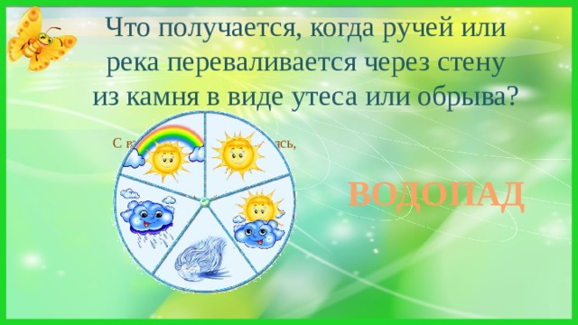 Что получается, когда ручей или река переваливается через стену из камня в виде утеса или обрыва? С высоты большой, срываясь,  Грозно он ревёт  И, о камни разбиваясь,  Пеною встаёт ВОДОПАД 