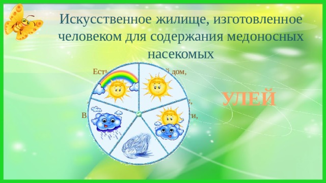 Искусственное жилище, изготовленное человеком для содержания медоносных насекомых Есть на свете сладкий дом,  Садом пахнет в доме том.  А жильцы, жужжа от радости,  В домик свой приносят сладости,  Угощая нас потом.  Угадайте - что за дом? УЛЕЙ 