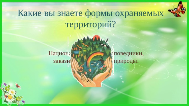 Какие вы знаете формы охраняемых территорий? Национальные парки, заповедники, заказники, памятники природы. 