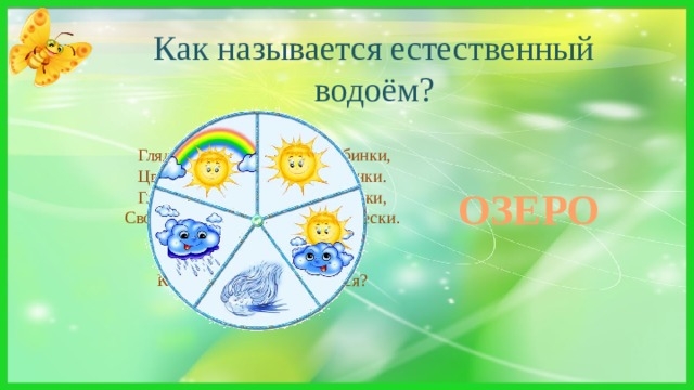 Как называется естественный водоём?  Глядятся в него молодые рябинки,  Цветные свои примеряя косынки.  Глядятся в него молодые березки,  Свои перед ним поправляя прически.  И месяц, и звезды -  В нём все отражается ...  Как это зеркало называется? ОЗЕРО 