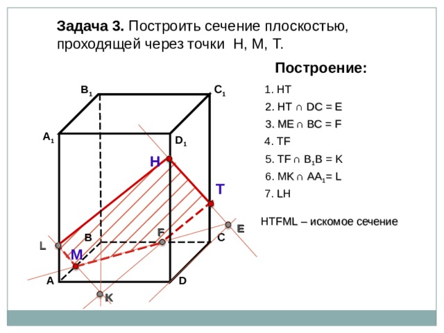 Задача 3. Построить сечение плоскостью, проходящей через точки Н, М, Т. Построение: В 1 C 1 1. НТ 2. НТ ∩ D С  = E 3 . ME  ∩ ВС  = F А 1 D 1 4. Т F 5. Т F  ∩ В 1 В  = K Н 6. М K  ∩ АА 1 = L Т 7. L Н НТ F М L – искомое сечение E F В С L М D А K 