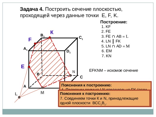 Задача  4. Построить сечение плоскостью, проходящей через  данные точки Е, F, K . Построение: 1. KF 2. FE К В 1 3. FE ∩  А B  = L C 1 F 4 . LN ║ FK 5 . LN ∩  AD = M А 1 6 . EM D 1 7 . KN E EFKNM – искомое сечение N В С Пояснения к построению: 4 . Проводим прямую LN параллельно FK (если секущая плоскость пересекает противоположные грани, то она пересекает их по параллельным отрезкам). А Пояснения к построению: 3. Прямые FE и АВ, лежащие в одной  плоскости АА 1 В 1 В, пересекаются в точке L  . Пояснения к построению: 2. Соединяем точки F и E , принадлежащие одной плоскости АА 1 В 1 В. Пояснения к построению: 1. Соединяем точки K и F , принадлежащие одной плоскости А 1 В 1 С 1 D 1 . М D L Пояснения к построению: 6 . Соединяем точки Е и М, принадлежащие одной плоскости АА 1 D 1 D . Пояснения к построению: 7 . Соединяем точки К и N , принадлежащие одной плоскости ВСС 1 В 1 . Пояснения к построению: 5 . Прямая LN пересекает ребро  AD  в точке M . 