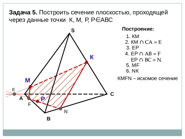 Задача 5. Построить сечение плоскостью, проходящей через данные точки К, М, Р, Р∈АВС Построение: S 1. КМ 2. КМ ∩ СА = Е 3. E Р 4 . ЕР ∩ АВ = F  ЕР ∩ В C = N К 5 . М F 6 . N К КМ FN – искомое сечение М Е С Р А F N В 