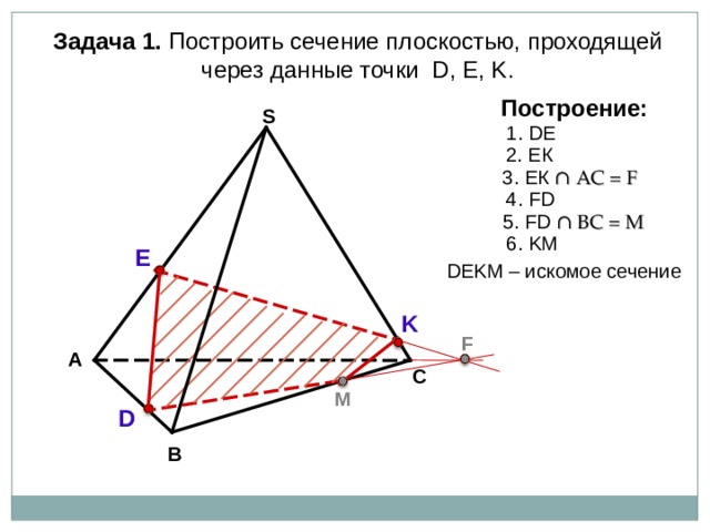 Задача 1. Построить сечение плоскостью, проходящей через  данные точки D, Е, K . Построение: S 1 . DE 2. ЕК 3. ЕК ∩ АС = F 4 . FD 5. FD ∩ B С = M 6 . KM E D Е K М – искомое сечение K F А С M D В 