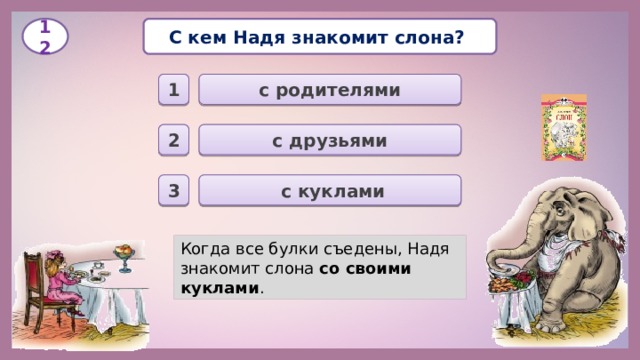 С кем Надя знакомит слона? 12 с родителями 1 с друзьями 2  с куклами 3 Когда все булки съедены, Надя знакомит слона со своими куклами . 