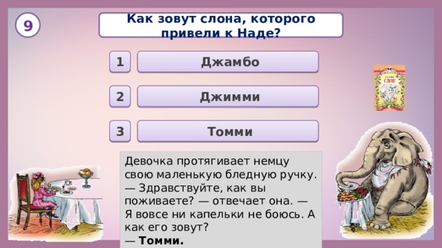  9 Как зовут слона, которого привели к Наде?   Джамбо 1  Джимми 2  Томми 3 Девочка протягивает немцу свою маленькую бледную ручку. — Здравствуйте, как вы поживаете? — отвечает она. — Я вовсе ни капельки не боюсь. А как его зовут? — Томми. 