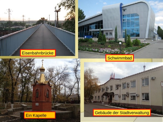 Eisenbahnbrücke Schwimmbad Gebäude der Stadtverwaltung Ein Kapelle 
