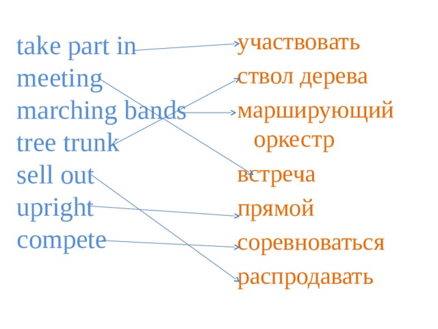 take part in  meeting  marching bands  tree trunk  sell out  upright  compete    участвовать ствол дерева марширующий оркестр встреча прямой соревноваться распродавать 