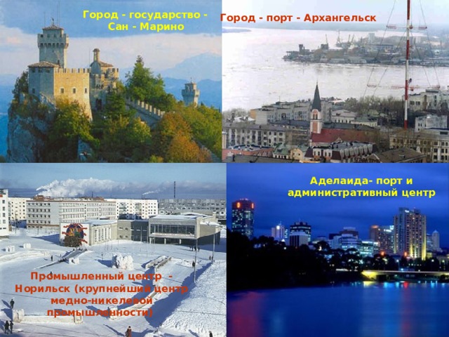 Город - государство -  Сан - Марино  Город - порт - Архангельск  Аделаида- порт и административный центр Промышленный центр  - Норильск (крупнейший центр медно-никелевой промышленности) 