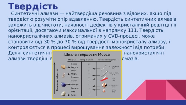 Твердість  Синтетичні алмази — найтвердіша речовина з відомих, якщо під твердістю розуміти опір вдавленню. Твердість синтетичних алмазів залежить від чистоти, наявності дефектів у кристалічній решітці і її орієнтації, досягаючи максимальної в напрямку 111. Твердість нанокристалічних алмазів, отриманих у CVD-процесі, може становити від 30 % до 70 % від твердості монокристалу алмазу, і контролюється в процесі вирощування залежності від потреби. Деякі синтетичні монокристали алмазу і HPHT нанокристалічні алмази твердіші від всіх відомих природних алмазів. 