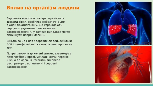 Вплив на організм людини Вдихання вологого повітря, що містить діоксид сірки, особливо небезпечно для людей похилого віку, що страждають серцево-судинними і легеневими захворюваннями, у важких випадках може виникнути набряк легень. Шкідливо це і для здорових людей, оскільки SO2 і сульфатні частки мають канцерогенну дію. Потрапляючи в дихальні шляхи, взаємодіє з гемоглобіном крові, ускладнюючи переніс кисню до органів і тканин, викликає респіраторні, астматичні і серцеві захворювання. 