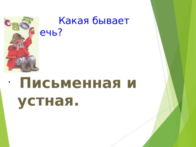  Какая бывает речь? Пи    Письменная и устная. 