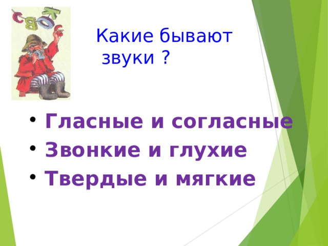  Какие бывают звуки ? Гласные и согласные Звонкие и глухие Твердые и мягкие 