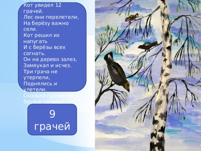 Переплыв через ручей, Кот увидел 12 грачей. Лес они перелетели, На берёзу важно сели. Кот решил их напугать И с берёзы всех согнать. Он на дерево залез, Замяукал и исчез. Три грача не утерпели, Поднялись и улетели. Сколько грачей на берёзе теперь? 9 грачей 