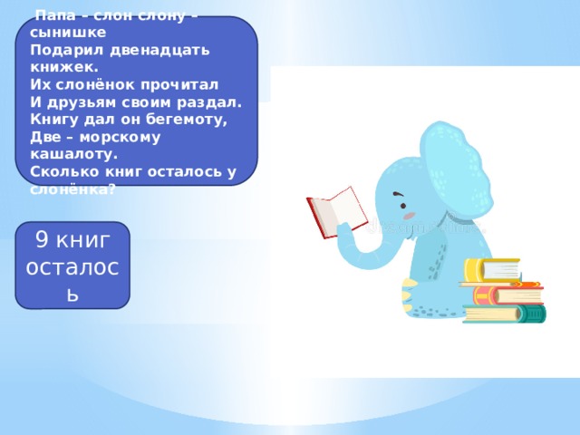  Папа – слон слону – сынишке Подарил двенадцать книжек. Их слонёнок прочитал И друзьям своим раздал. Книгу дал он бегемоту, Две – морскому кашалоту. Сколько книг осталось у слонёнка? 9 книг осталось 