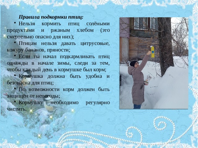  Правила подкормки птиц: Нельзя кормить птиц солёными продуктами и ржаным хлебом (это смертельно опасно для них); Птицам нельзя давать цитрусовые, кожуру бананов, пряности; Если ты начал подкармливать птиц однажды в начале зимы, следи за тем, чтобы каждый день в кормушке был корм; Кормушка должна быть удобна и безопасна для птиц; По возможности корм должен быть защищён от непогоды; Кормушку необходимо регулярно чистить.  