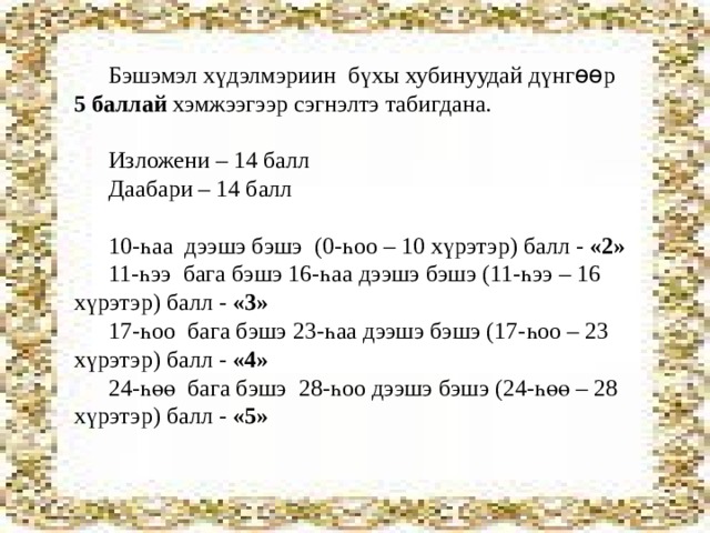 Бэшэмэл хүдэлмэриин бүхы хубинуудай дүнг ѳѳ р 5 баллай хэмжээгээр сэгнэлтэ табигдана. Изложени – 14 балл Даабари – 14 балл 10-һаа дээшэ бэшэ (0-һоо – 10 хүрэтэр) балл - «2» 11-һээ бага бэшэ 16-һаа дээшэ бэшэ (11-һээ – 16 хүрэтэр) балл - «3» 17-һоо бага бэшэ 23-һаа дээшэ бэшэ (17-һоо – 23 хүрэтэр) балл - «4» 24-һөө бага бэшэ 28-һоо дээшэ бэшэ (24-һөө – 28 хүрэтэр) балл - «5» 