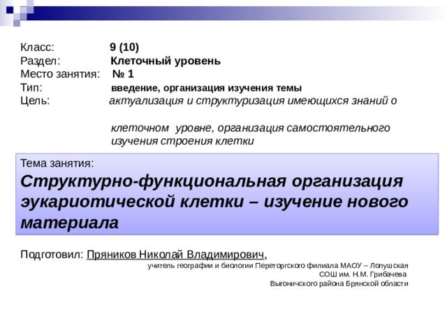 Класс: 9 (10) Раздел: Клеточный уровень Место занятия: № 1 Тип: введение, организация изучения темы Цель: актуализация и структуризация имеющихся знаний о  клеточном уровне, организация самостоятельного  изучения строения клетки Тема занятия: Структурно-функциональная организация эукариотической клетки – изучение нового материала Место данного занятия в теме «Клеточный уровень» Подготовил: Пряников Николай Владимирович ,    учитель географии и биологии Переторгского филиала МАОУ – Лопушская СОШ им. Н.М. Грибачева    Выгоничского района Брянской области  