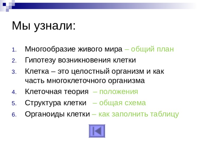 Мы узнали: Многообразие живого мира – общий план Гипотезу возникновения клетки Клетка – это целостный организм и как часть многоклеточного организма Клеточная теория –  положения Структура клетки –  общая схема Органоиды клетки –  как заполнить таблицу Итоги занятия  
