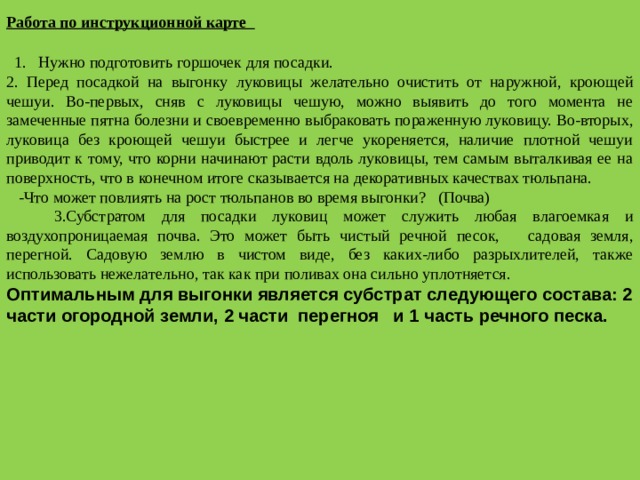 Работа по инструкционной карте  1. Нужно подготовить горшочек для посадки. 2. Перед посадкой на выгонку луковицы желательно очистить от наружной, кроющей чешуи. Во-первых, сняв с луковицы чешую, можно выявить до того момента не замеченные пятна болезни и своевременно выбраковать пораженную луковицу. Во-вторых, луковица без кроющей чешуи быстрее и легче укореняется, наличие плотной чешуи приводит к тому, что корни начинают расти вдоль луковицы, тем самым выталкивая ее на поверхность, что в конечном итоге сказывается на декоративных качествах тюльпана.  -Что может повлиять на рост тюльпанов во время выгонки? (Почва)  3.Субстратом для посадки луковиц может служить любая влагоемкая и воздухопроницаемая почва. Это может быть чистый речной песок, садовая земля, перегной. Садовую землю в чистом виде, без каких-либо разрыхлителей, также использовать нежелательно, так как при поливах она сильно уплотняется. Оптимальным для выгонки является субстрат следующего состава: 2 части огородной земли, 2 части перегноя и 1 часть речного песка. 