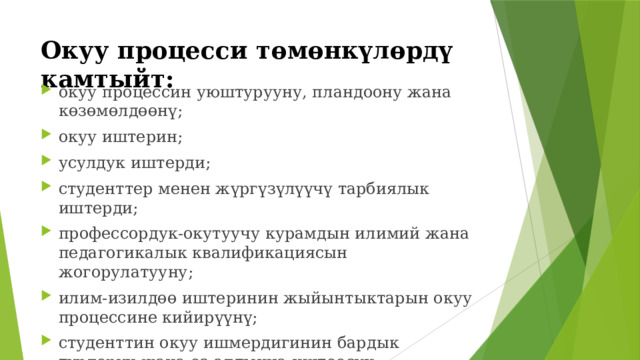 Окуу процесси төмөнкүлөрдү камтыйт: окуу процессин уюштурууну, пландоону жана көзөмөлдөөнү; окуу иштерин; усулдук иштерди; студенттер менен жүргүзүлүүчү тарбиялык иштерди; профессордук-окутуучу курамдын илимий жана педагогикалык квалификациясын жогорулатууну; илим-изилдөө иштеринин жыйынтыктарын окуу процессине кийирүүнү; студенттин окуу ишмердигинин бардык түрлөрүн жана өз алдынча иштөөсүн материалдык-техникалык камсыздоону. 