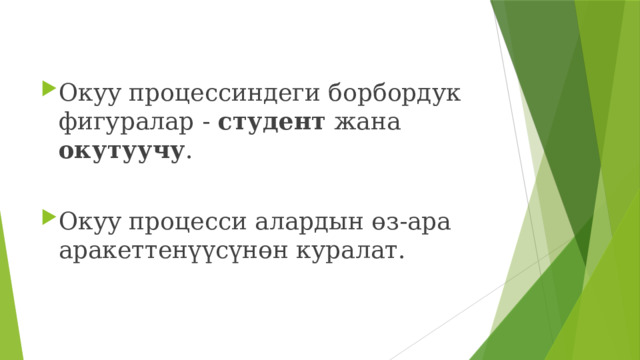 Окуу процессиндеги борбордук фигуралар - студент жана окутуучу . Окуу процесси алардын өз-ара аракеттенүүсүнөн куралат. 