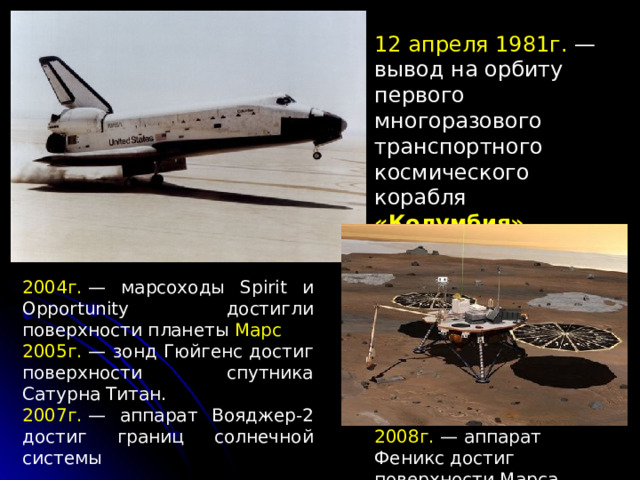 12 апреля 1981г. — вывод на орбиту первого многоразового транспортного космического корабля «Колумбия», (США) 2004г.  — марсоходы Spirit и Opportunity достигли поверхности планеты Марс 2005г.  — зонд Гюйгенс достиг поверхности спутника Сатурна Титан. 2007г.  — аппарат Вояджер-2 достиг границ солнечной системы  2008г.  — аппарат Феникс достиг поверхности Марса 