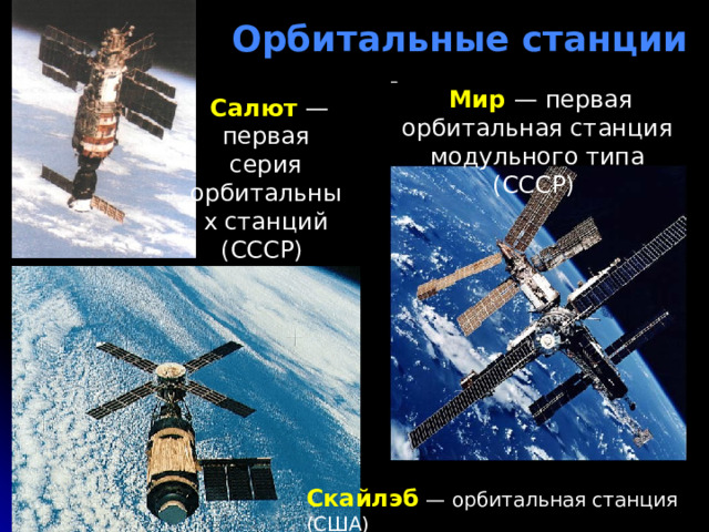 Орбитальные станции   Мир  — первая орбитальная станция модульного типа (СССР)   Салют  — первая серия орбитальных станций (СССР) Скайлэб  — орбитальная станция (США) 