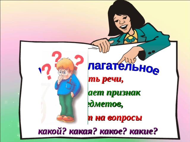  часть речи, обозначает признак предметов, отвечает на вопросы какой? какая? какое? какие? 