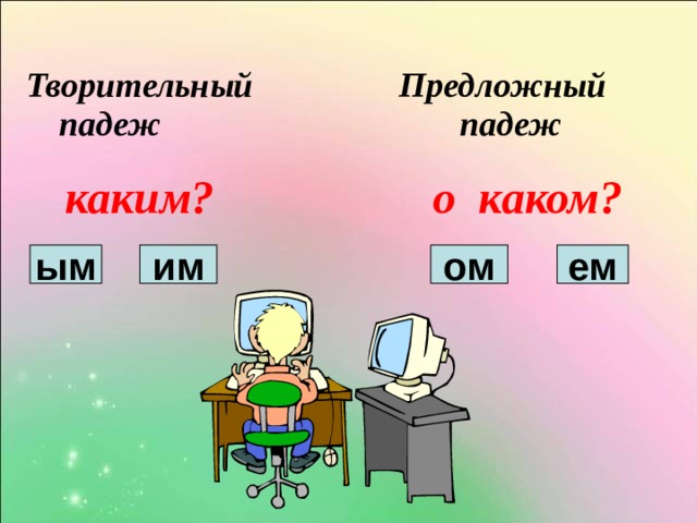 Творительный  Предложный падеж падеж каким? о каком? ым им ом ем 