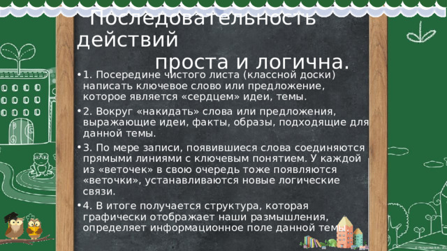  Последовательность действий  проста и логична. 1. Посередине чистого листа (классной доски) написать ключевое слово или предложение, которое является «сердцем» идеи, темы. 2. Вокруг «накидать» слова или предложения, выражающие идеи, факты, образы, подходящие для данной темы. 3. По мере записи, появившиеся слова соединяются прямыми линиями с ключевым понятием. У каждой из «веточек» в свою очередь тоже появляются «веточки», устанавливаются новые логические связи. 4. В итоге получается структура, которая графически отображает наши размышления, определяет информационное поле данной темы. 