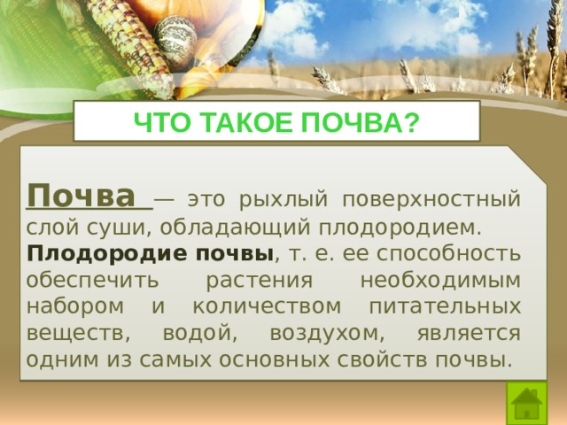 Что такое почва? Почва — это рыхлый поверхностный слой суши, обладающий плодородием. Плодородие почвы , т. е. ее способность обеспечить растения необходимым набором и количеством питательных веществ, водой, воздухом, является одним из самых основных свойств почвы. 