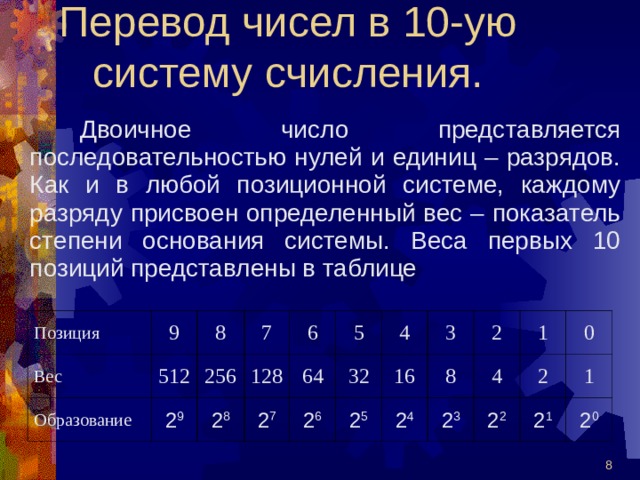 Перевод чисел в 10-ую систему счисления. Двоичное число представляется последовательностью нулей и единиц – разрядов. Как и в любой позиционной системе, каждому разряду присвоен определенный вес – показатель степени основания системы. Веса первых 10 позиций представлены в таблице Позиция Вес 9 8 512 Образование 7 256 2 9 128 6 2 8 64 5 2 7 32 4 2 6 16 3 2 5 8 2 2 4 4 2 3 1 0 2 2 2 1 2 1 2 0 7 