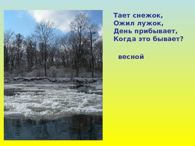 Тает снежок, Ожил лужок, День прибывает, Когда это бывает? весной 