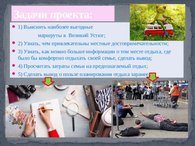 Задачи проекта: 1) Выяснить наиболее выгодные  маршруты в Великий Устюг; 2) Узнать, чем привлекательны местные достопримечательности; 3) Узнать, как можно больше информации о том месте отдыха, где было бы комфортно отдыхать своей семье, сделать вывод; 4) Просчитать затраты семьи на предполагаемый отдых; 5) Сделать вывод о пользе планирования отдыха заранее. 