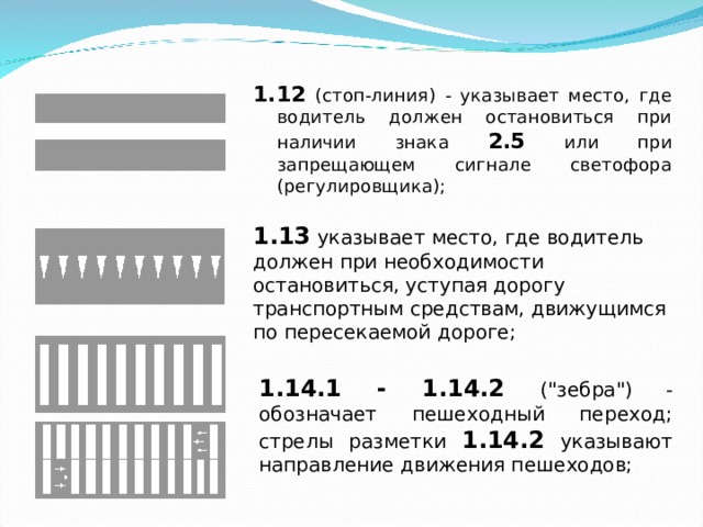 1.12 (стоп-линия) - указывает место, где водитель должен остановиться при наличии знака 2.5 или при запрещающем сигнале светофора (регулировщика); 1.12 (стоп-линия) - указывает место, где водитель должен остановиться при наличии знака 2.5 или при запрещающем сигнале светофора (регулировщика);  1.13 указывает место, где водитель должен при необходимости остановиться, уступая дорогу транспортным средствам, движущимся по пересекаемой дороге; 1.13 указывает место, где водитель должен при необходимости остановиться, уступая дорогу транспортным средствам, движущимся по пересекаемой дороге; 1.14.1 - 1.14.2 (