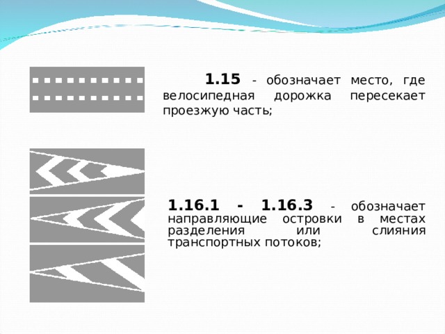  1.15 - обозначает место, где велосипедная дорожка пересекает проезжую часть; 1.16.1 - 1.16.3 - обозначает направляющие островки в местах разделения или слияния транспортных потоков; 