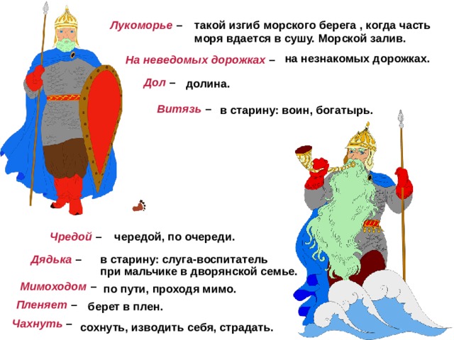 такой изгиб морского берега , когда часть моря вдается в сушу. Морской залив.  Лукоморье  – на незнакомых дорожках. На неведомых дорожках  – Дол  – долина. Витязь  – в старину: воин, богатырь. Чредой  – чередой, по очереди. Дядька  – в старину: слуга-воспитатель при мальчике в дворянской семье. Мимоходом  – по пути, проходя мимо.  Пленяет  – берет в плен. Чахнуть  – сохнуть, изводить себя, страдать. 