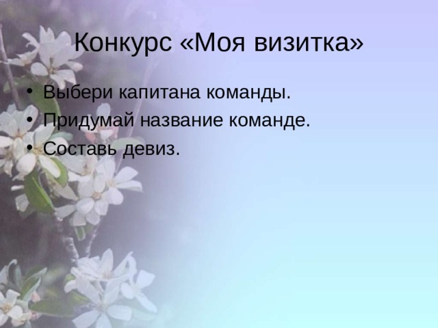 Конкурс «Моя визитка» Выбери капитана команды. Придумай название команде. Составь девиз. 