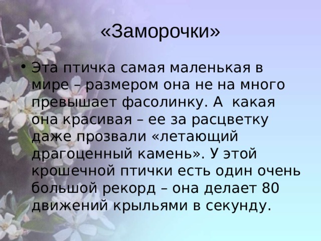 «Заморочки» Эта птичка самая маленькая в мире – размером она не на много превышает фасолинку. А какая она красивая – ее за расцветку даже прозвали «летающий драгоценный камень». У этой крошечной птички есть один очень большой рекорд – она делает 80 движений крыльями в секунду. 