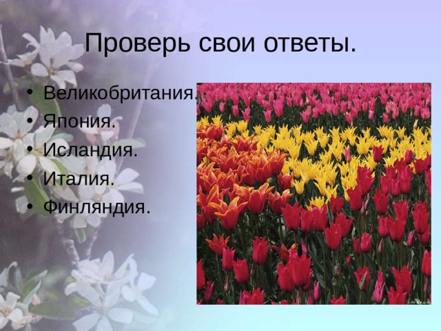 Проверь свои ответы. Великобритания. Япония. Исландия. Италия. Финляндия. 