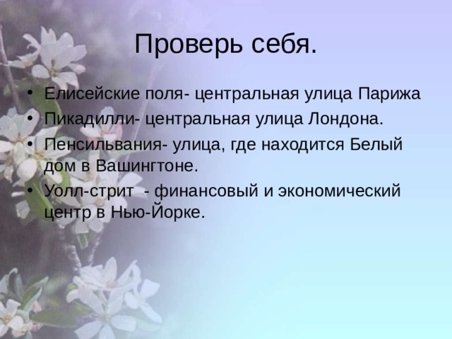 Проверь себя. Елисейские поля- центральная улица Парижа Пикадилли- центральная улица Лондона. Пенсильвания- улица, где находится Белый дом в Вашингтоне. Уолл-стрит - финансовый и экономический центр в Нью-Йорке.  