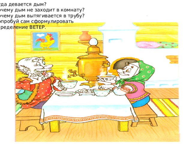 Давайте подумаем! Куда девается дым? Почему дым не заходит в комнату? Почему дым вытягивается в трубу? Попробуй сам сформулировать определение ВЕТЕР. Давайте подумаем! 