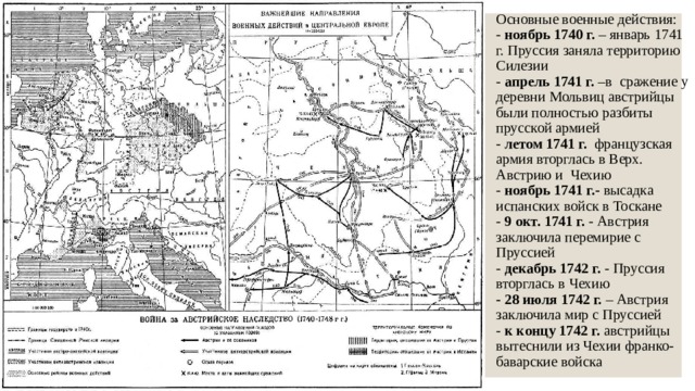Основные военные действия:  - ноябрь 1740 г. – январь 1741 г. Пруссия заняла территорию Силезии  - апрель 1741 г. –в сражение у деревни Мольвиц австрийцы были полностью разбиты прусской армией  - летом 1741 г. французская армия вторглась в Верх. Австрию и Чехию  - ноябрь 1741 г.- высадка испанских войск в Тоскане  - 9 окт. 1741 г. - Австрия заключила перемирие с Пруссией  - декабрь 1742 г. - Пруссия вторглась в Чехию  - 28 июля 1742 г. – Австрия заключила мир с Пруссией  - к концу 1742 г. австрийцы вытеснили из Чехии франко-баварские войска   