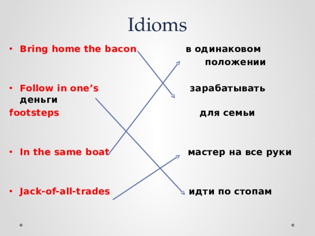 Idioms Bring home the bacon в одинаковом  положении  Follow in one’s зарабатывать деньги footsteps для семьи   In the same boat мастер на все руки   Jack-of-all-trades идти по стопам 