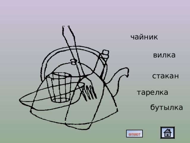 чайник вилка стакан тарелка бутылка 